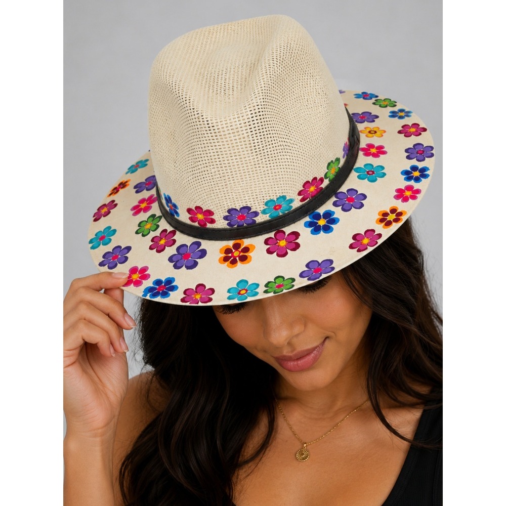 Mexican Artisan Hand Painted Floral Straw Fedora Hat Ivory Wide Brim Boho NWT